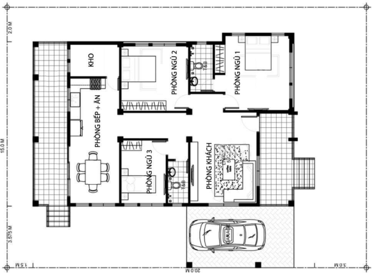 Bản vẽ nhà cấp 4 có gara ô tô tiện lợi