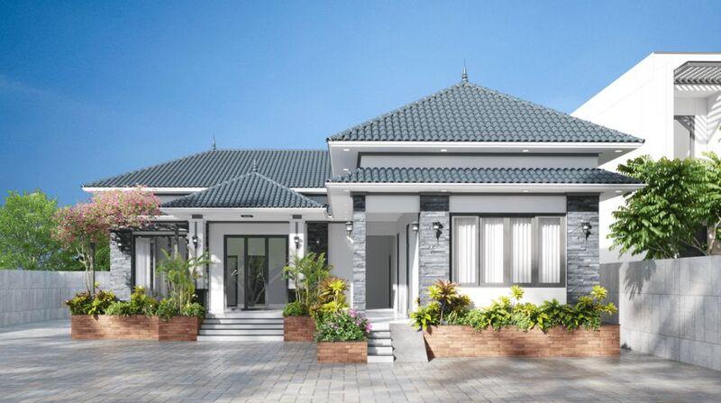 Thiết kế nhà chữ L cấp 4 mái Nhật, có 4 phòng ngủ, đường nét tinh tế