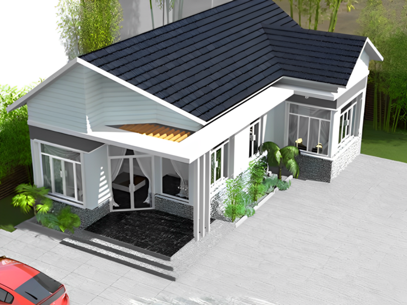 Thiết kế nhà chữ L 1 tầng với mái tôn đẹp, tiết kiệm chi phí