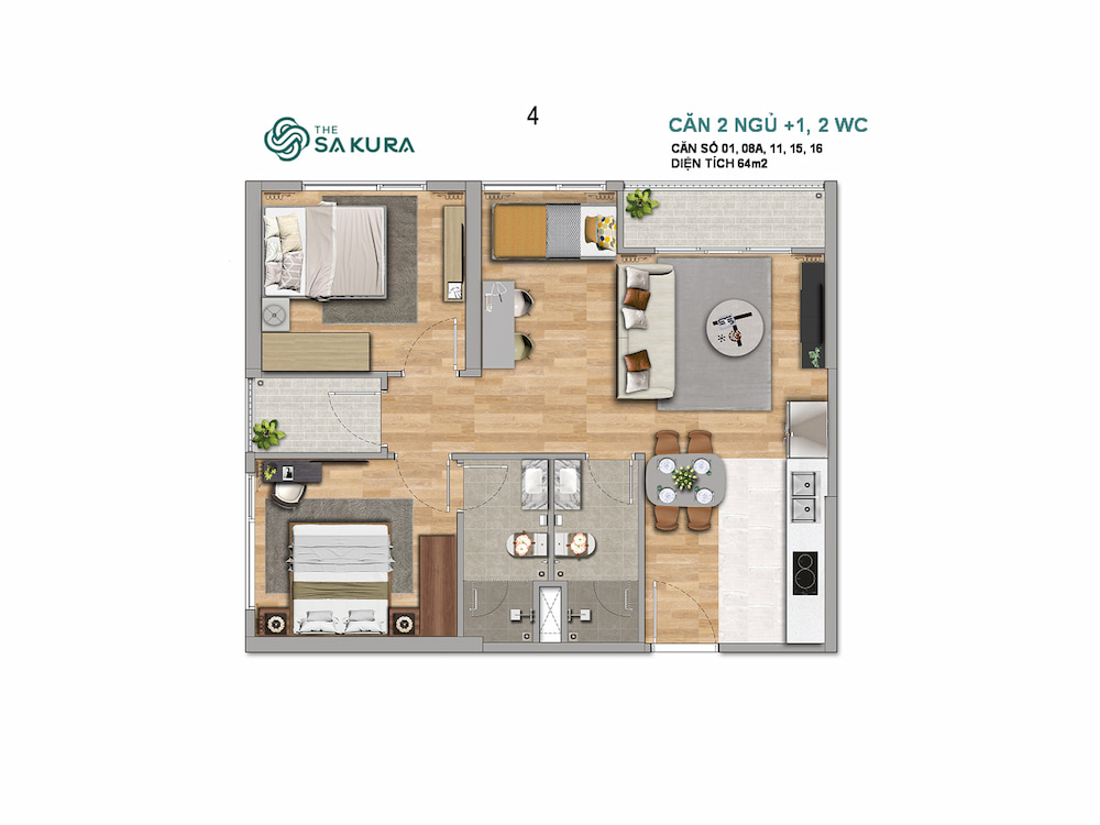 hinh anh can ho 2pn the sakura vinhomes smart city mat bang chi tiet so 3